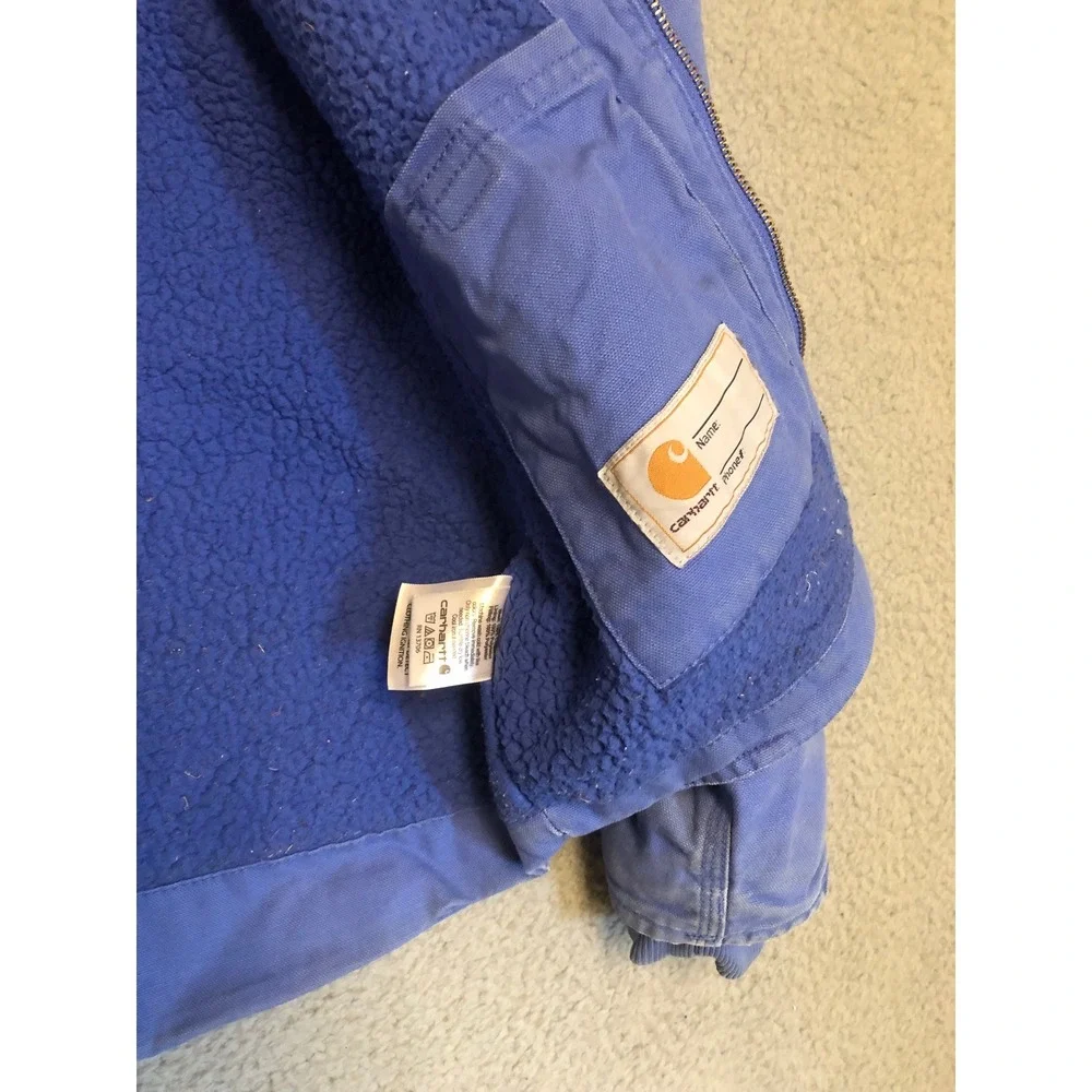Carhartt Youth Medium Blue Sherpa Lined Canvas Hooded Jacket Workwear Faded